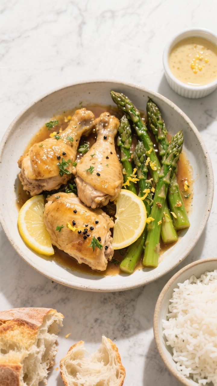 Overhead, : Tasty top view of the full meal served family-style—shallow bowl filled with chicken t