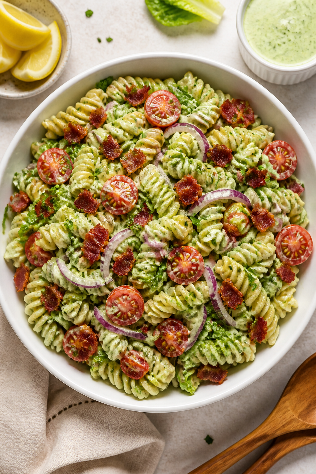 Overhead “tasty top view” of the fully assembled High Protein Avocado Ranch BLT Pasta Salad in a
