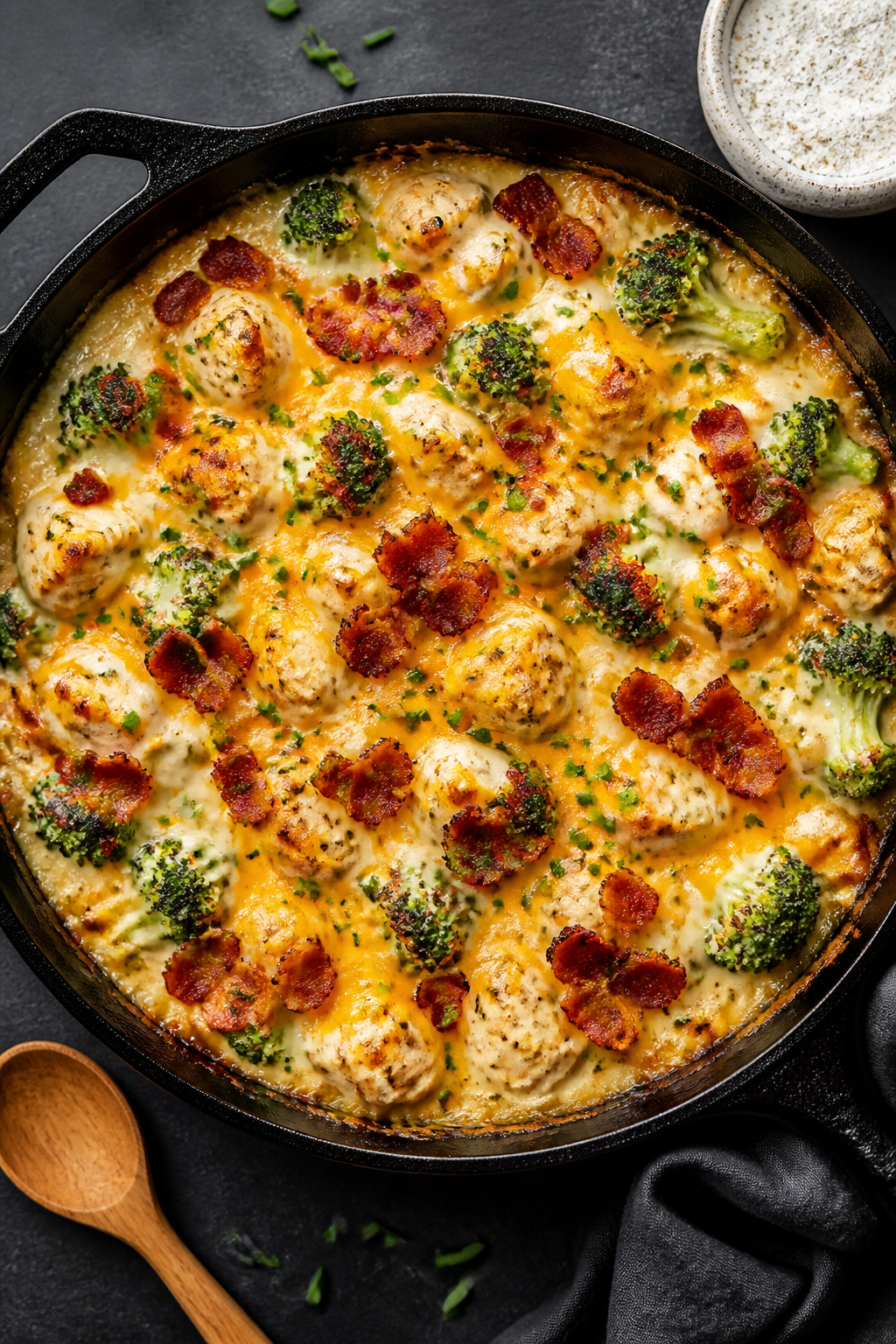 Overhead “tasty top view”: One-pan Cheesy Ranch Chicken Broccoli in a skillet-bake style, evenly