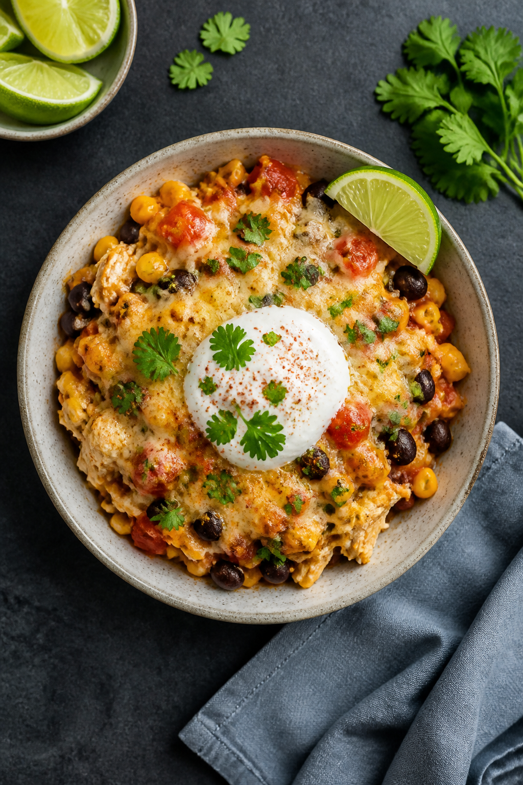 Overhead “tasty top view” plating: A single serving of Low Calorie Mexican Chicken Bake nestled 