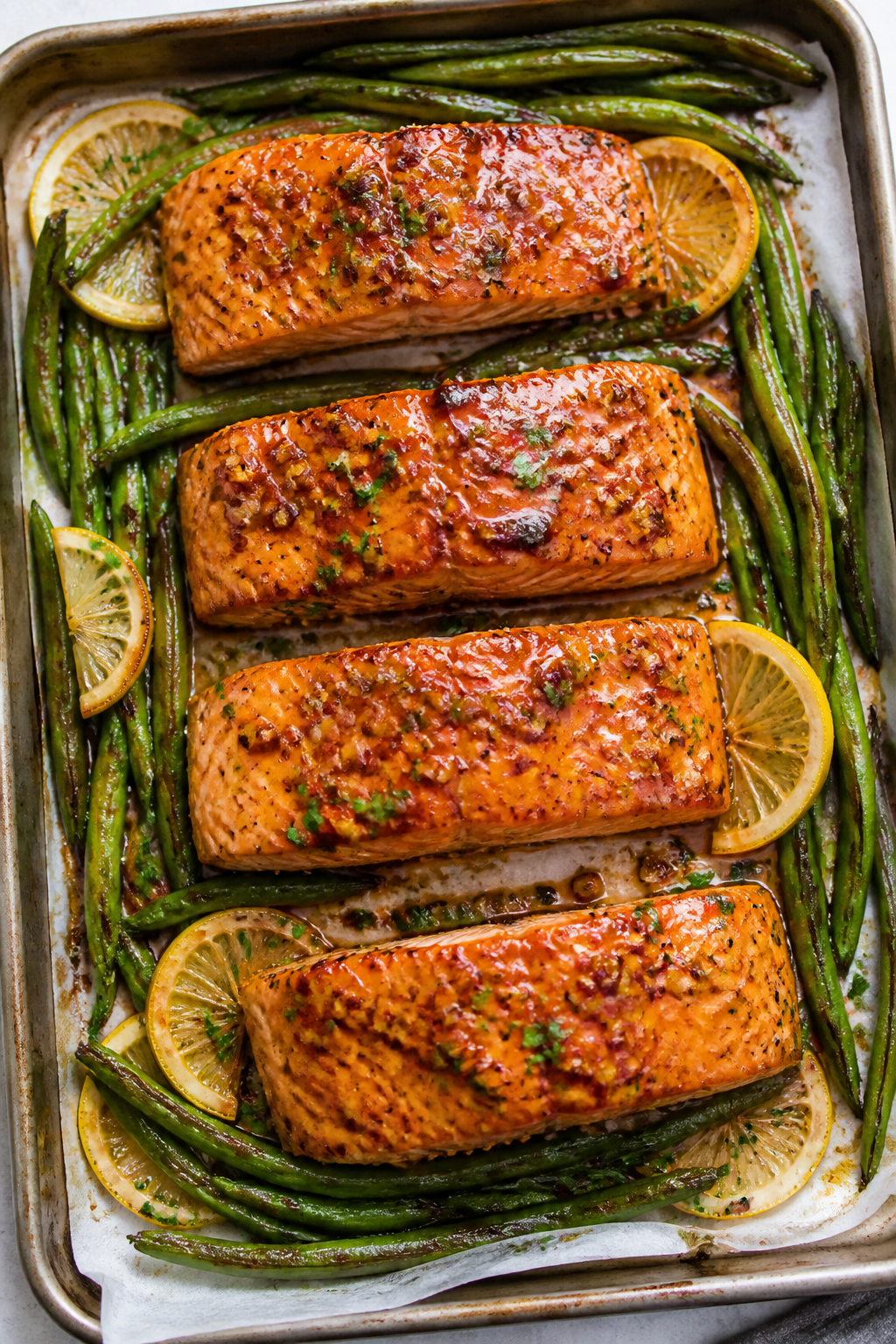 Overhead “tasty top view”: Sheet-pan baked version just out of the oven, overhead shot of four s