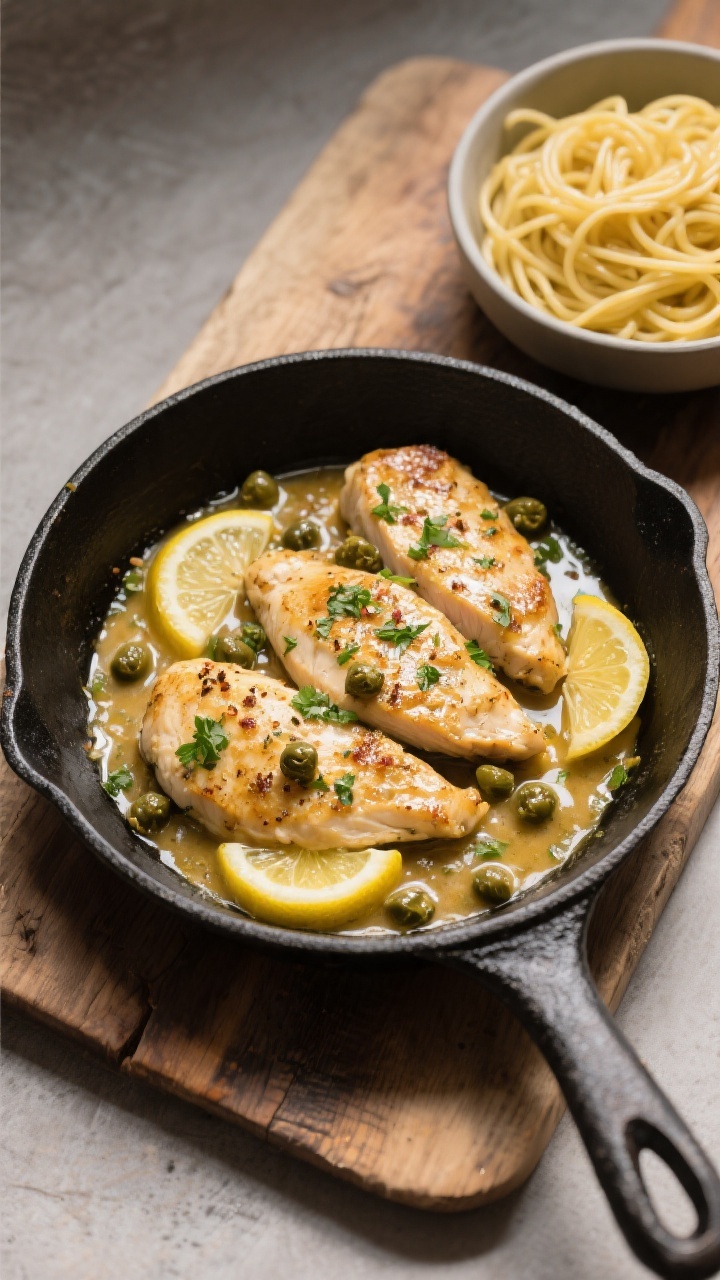 Overhead tasty top view: Skillet-to-table scene of finished chicken piccata in a black cast-iron pan