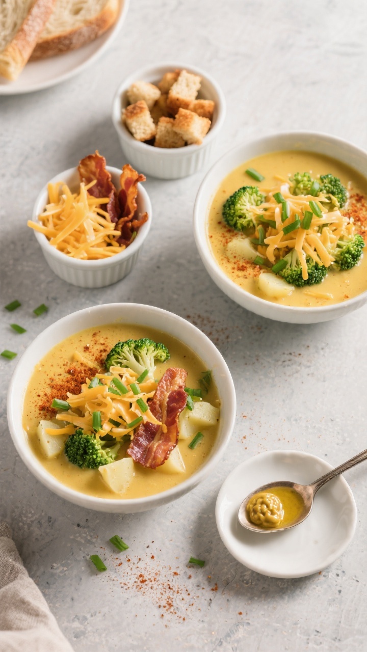 Overhead “tasty top view” spread: Top-down shot of two bowls of loaded broccoli cheddar soup at 