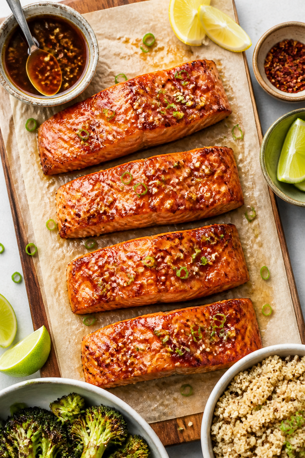 Overhead “tasty top view”: Top-down shot of a weeknight spread featuring four glazed salmon fill