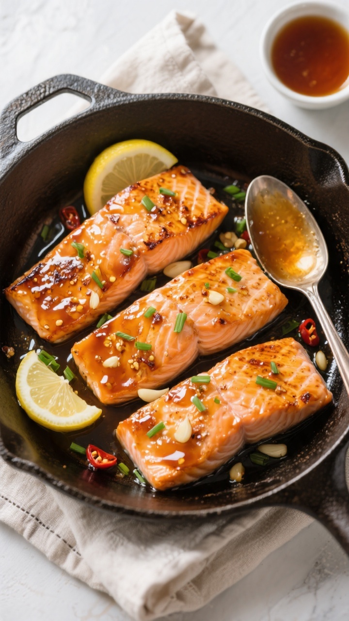 Overhead tasty top view: Top-down shot of a skillet-finished honey garlic salmon in pan, four fillet