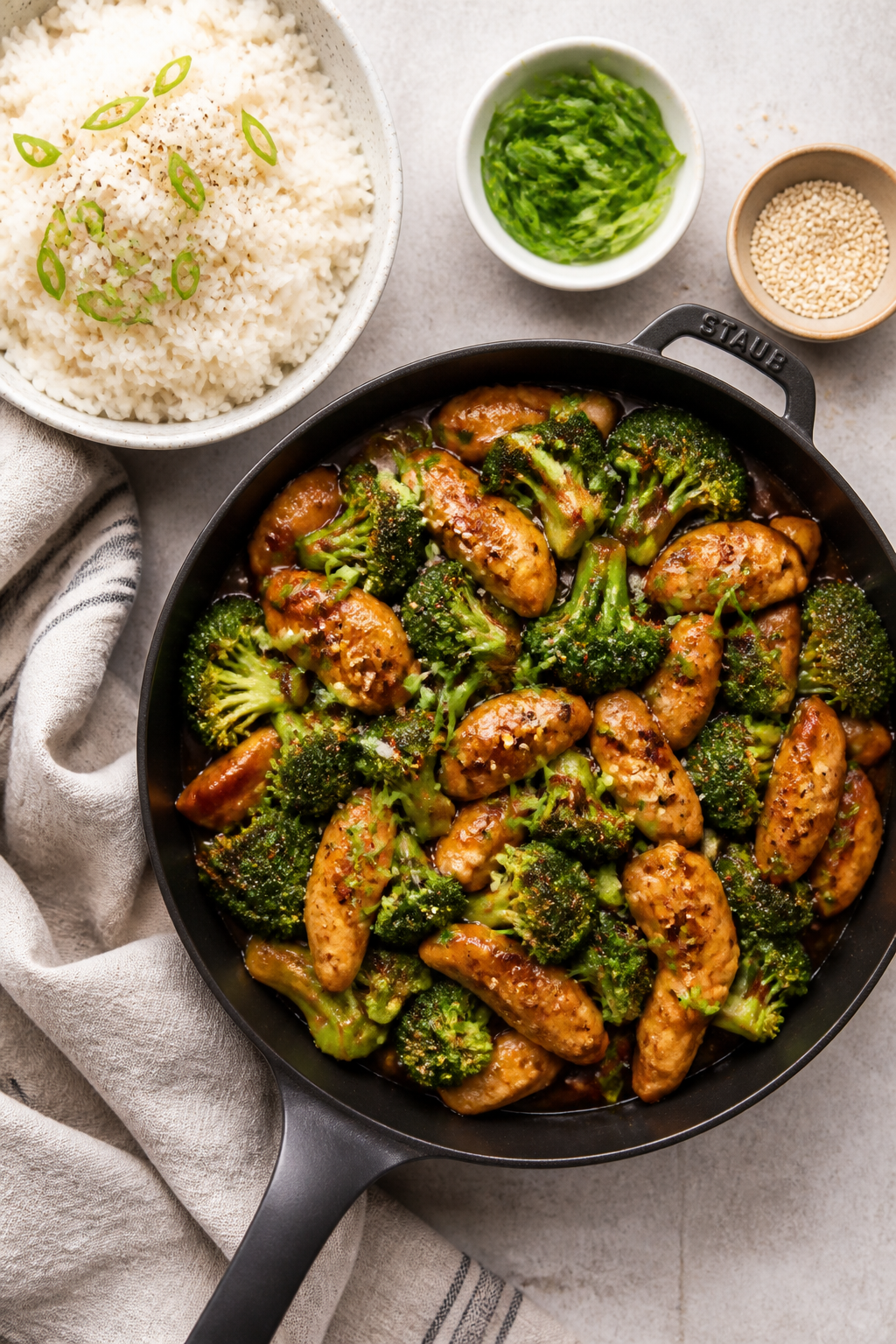 Overhead “tasty top view”: Top-down shot of Chicken Broccoli Stir Fry served family-style in a m