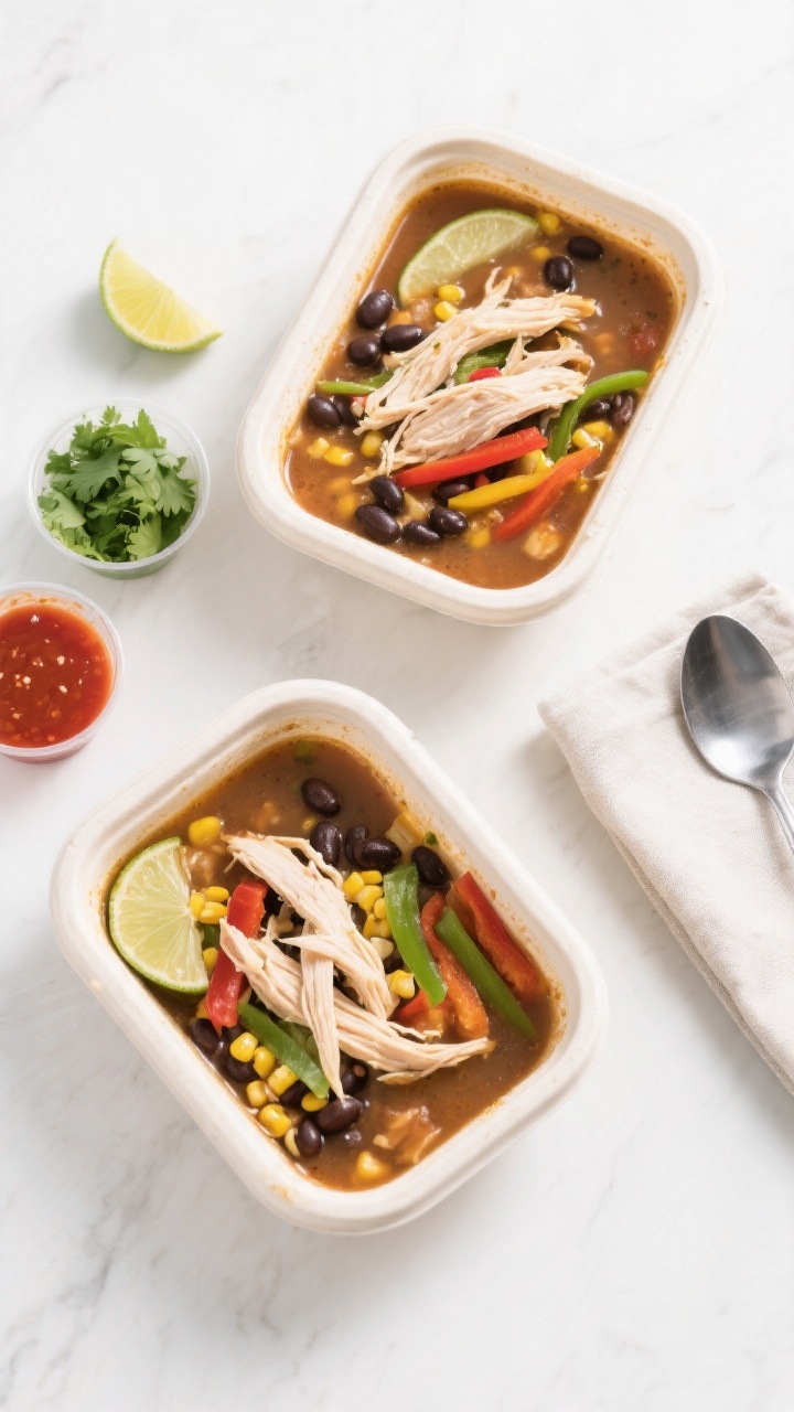 Overhead “tasty top view”: Top-down shot of two meal-prep containers filled with the soup, showc