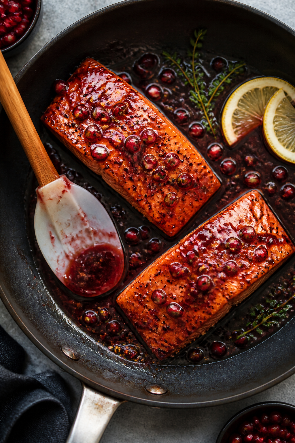 Overhead tasty top view: Top-down shot of two glazed salmon fillets in the skillet after reduction,