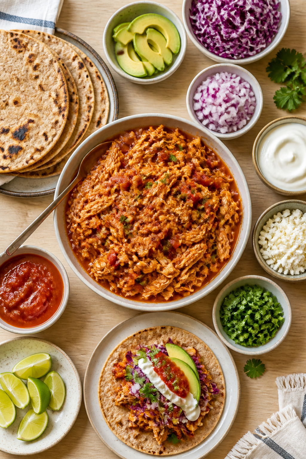 Overhead, tasty top view: Top-down spread of a taco-building scene featuring a shallow bowl of saucy