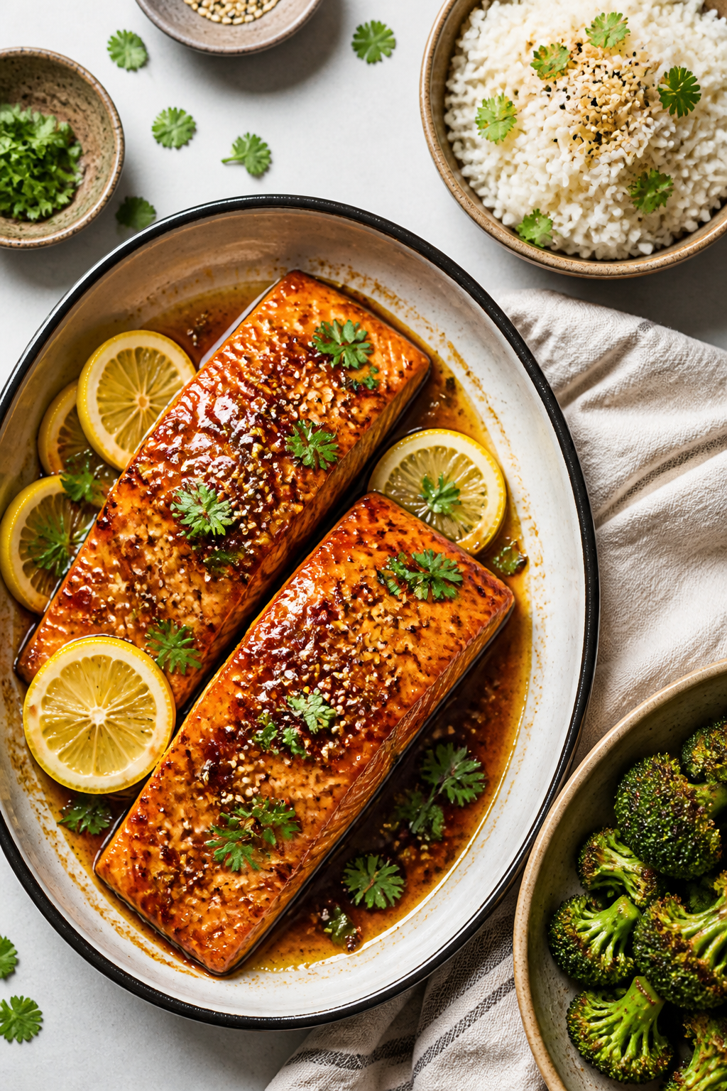 Overhead top view of a weeknight spread: two glistening honey-butter salmon fillets arranged in a sh
