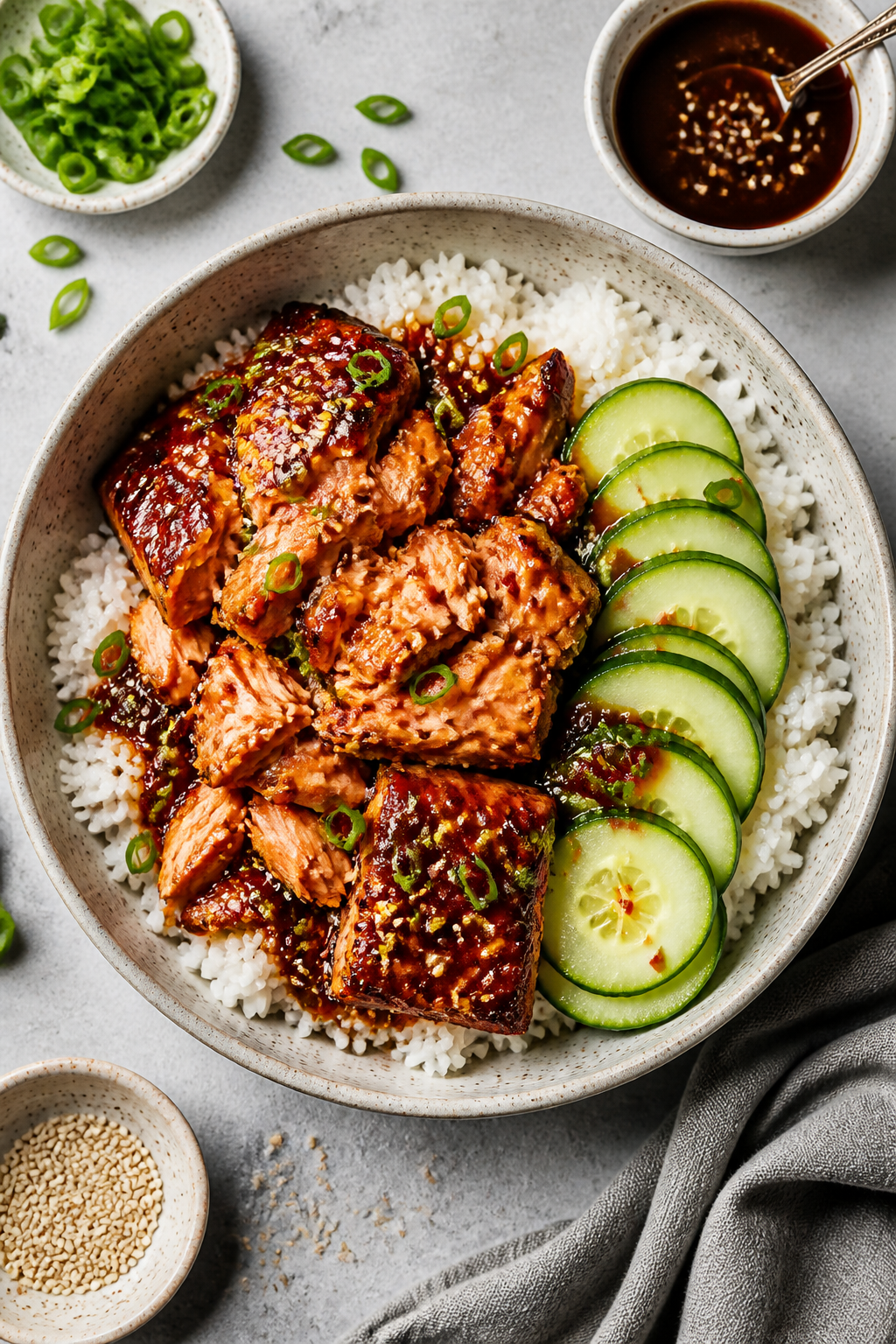 Overhead top view: Tasty top-down shot of Sweet Heat Glazed Salmon bowl: flaked, juicy salmon pieces