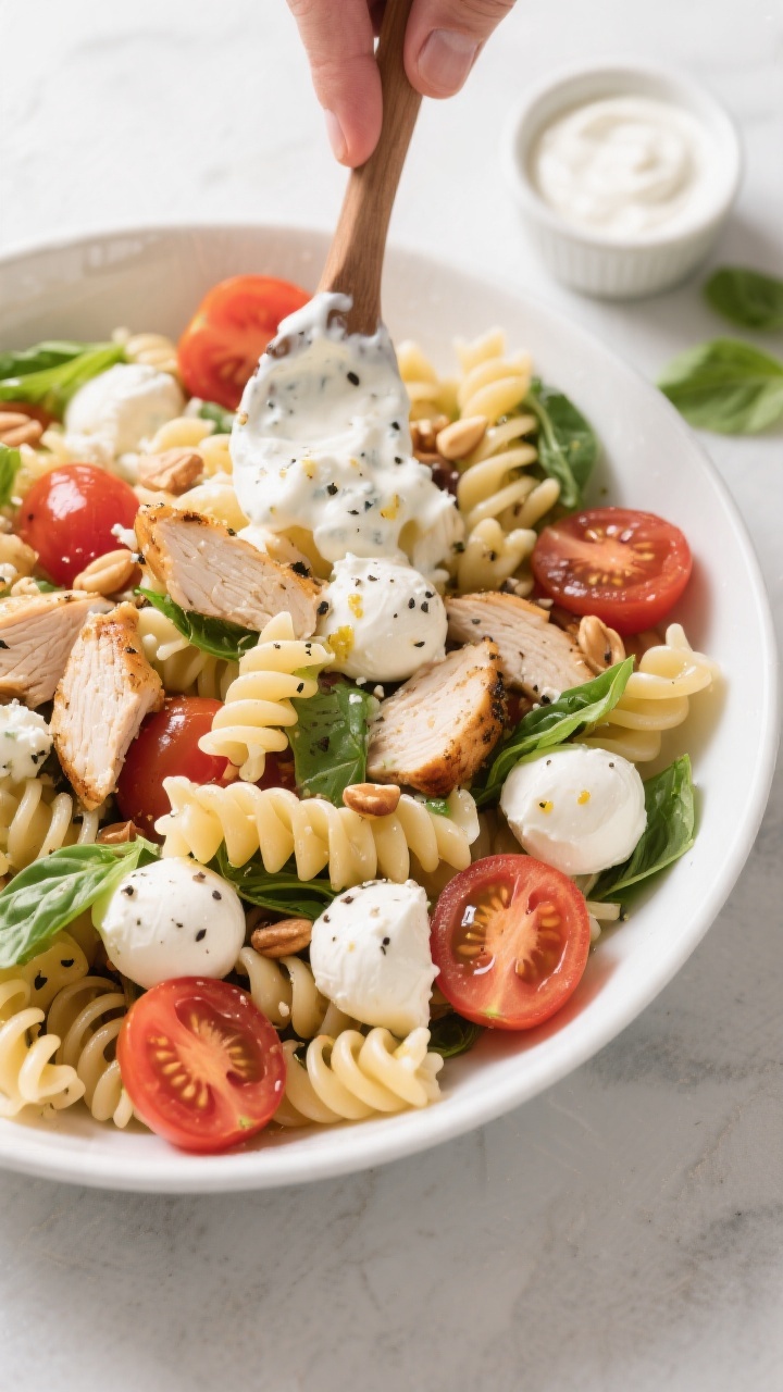 Overhead “toss and coat” shot: High Protein Caprese Pasta Salad mid-mix in a wide white salad bo