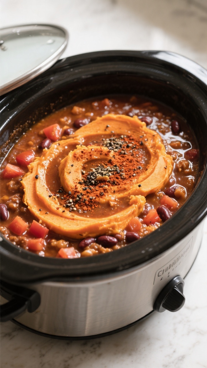 Process-in-pan scene: The finished chili thickening with the lid off in the slow cooker on High, sho