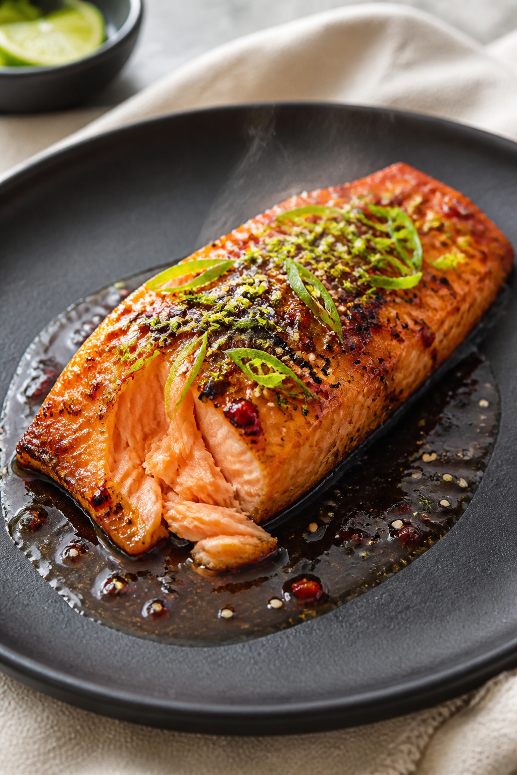 Restaurant-quality final dish presentation: single Firecracker Salmon fillet centered on a matte bla