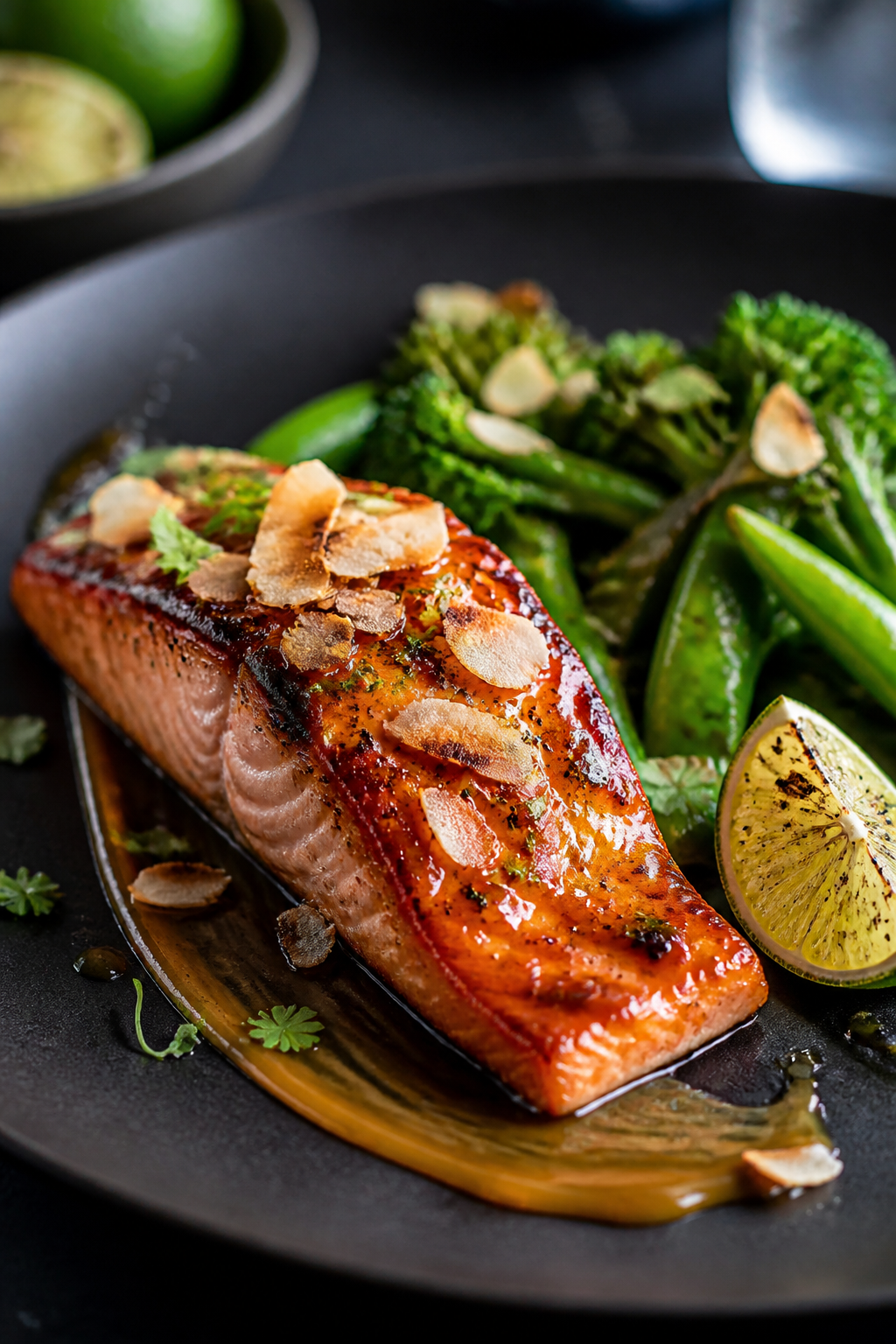 Restaurant-quality final plate: Single salmon fillet plated on a matte charcoal plate, naped with th