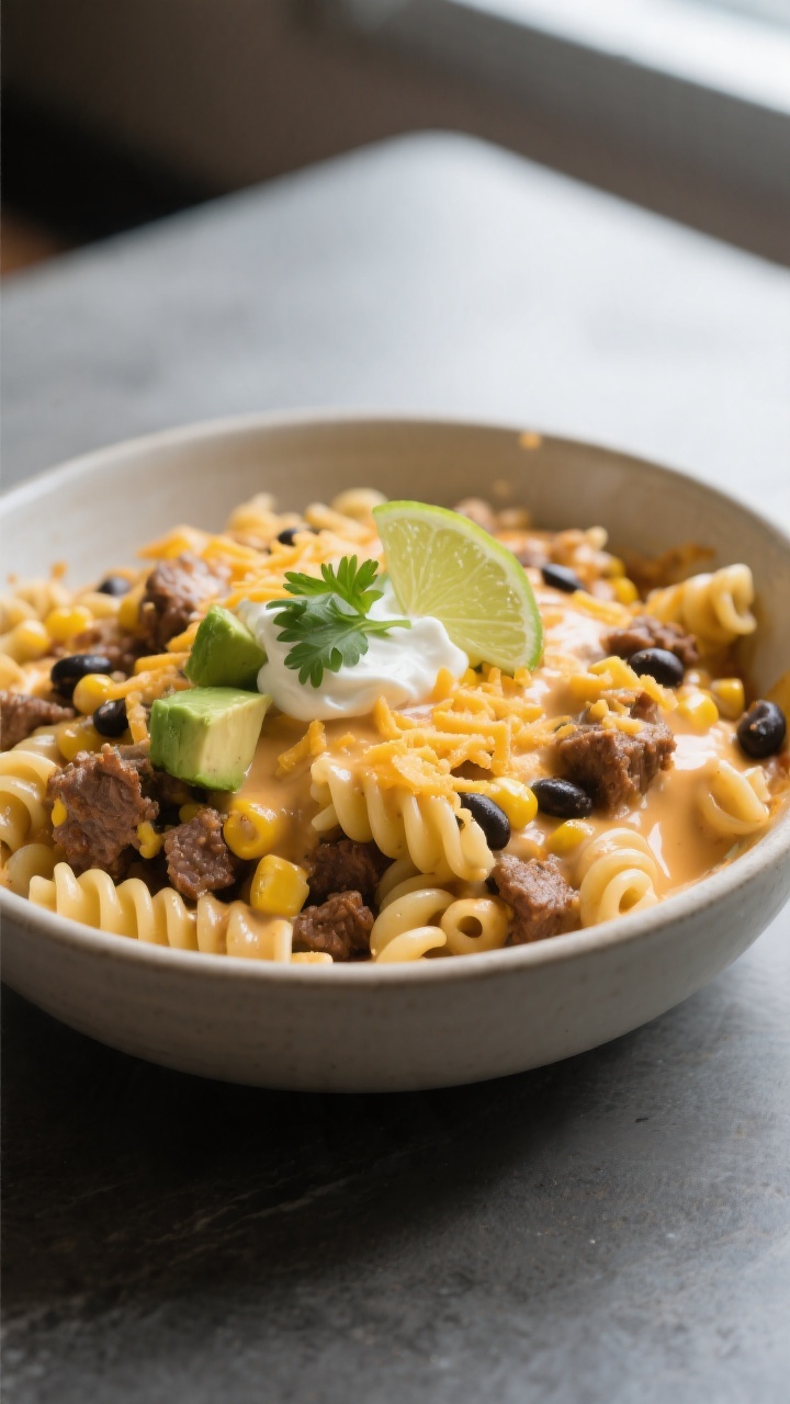 Restaurant-quality plated final dish: A generous bowl of Taco Pasta (cavatappi) plated with glossy, 