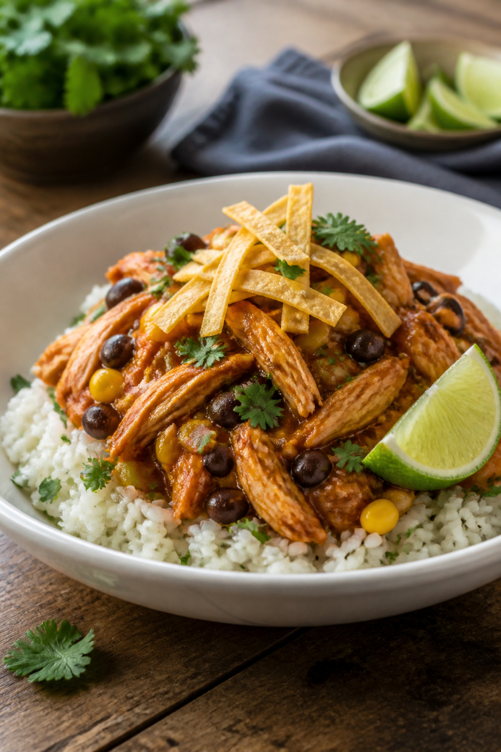 Restaurant-quality plated final dish: A single, beautifully composed Mexican Chicken Bowl in a wide,