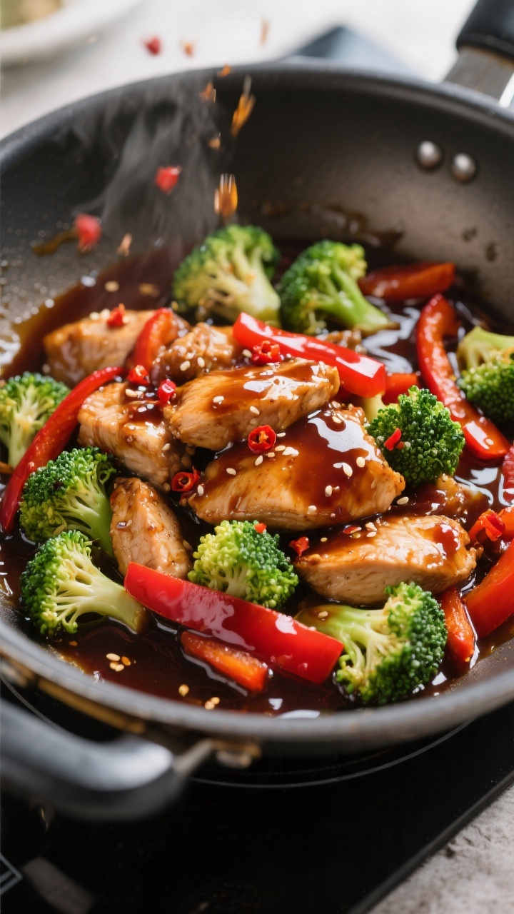 Sauce action shot: Teriyaki sauce thickening and turning glossy as it simmers in the pan with stir-f