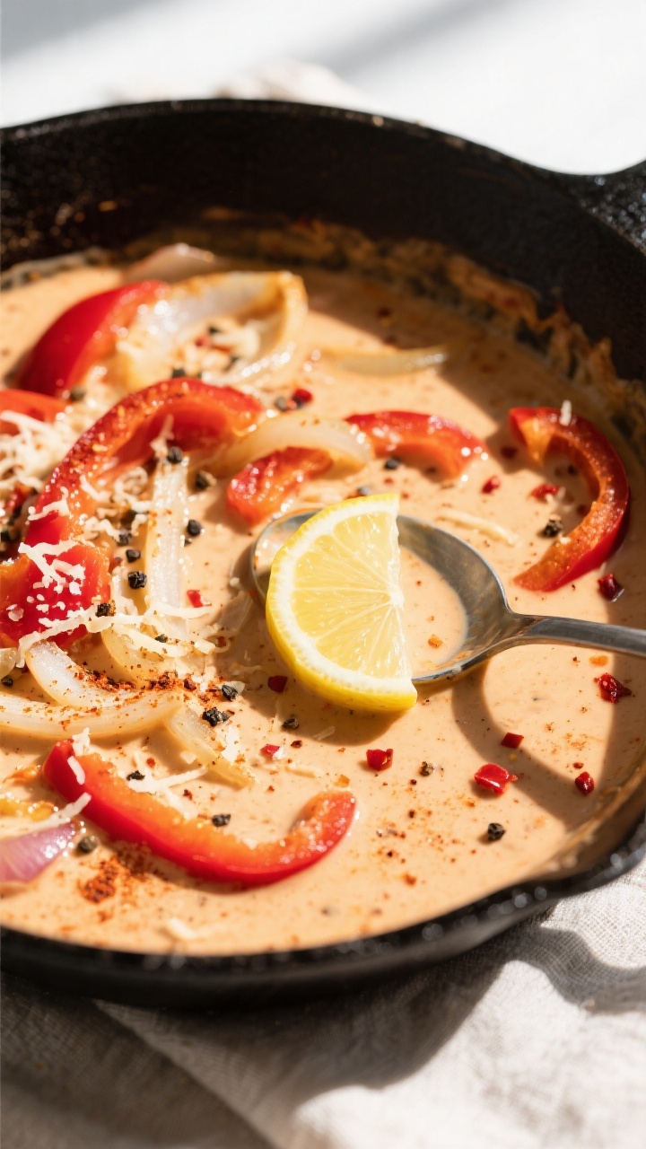 Sauce-building detail, overhead: Overhead shot of the creamy Cajun sauce in the skillet after deglaz