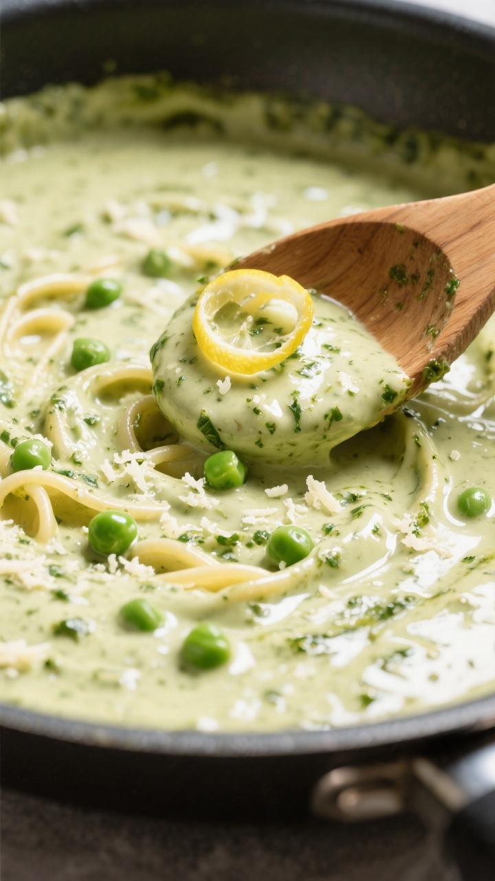 Sauce-building detail: Silky pesto cream sauce in a wide skillet, glossy and pourable, clinging to a