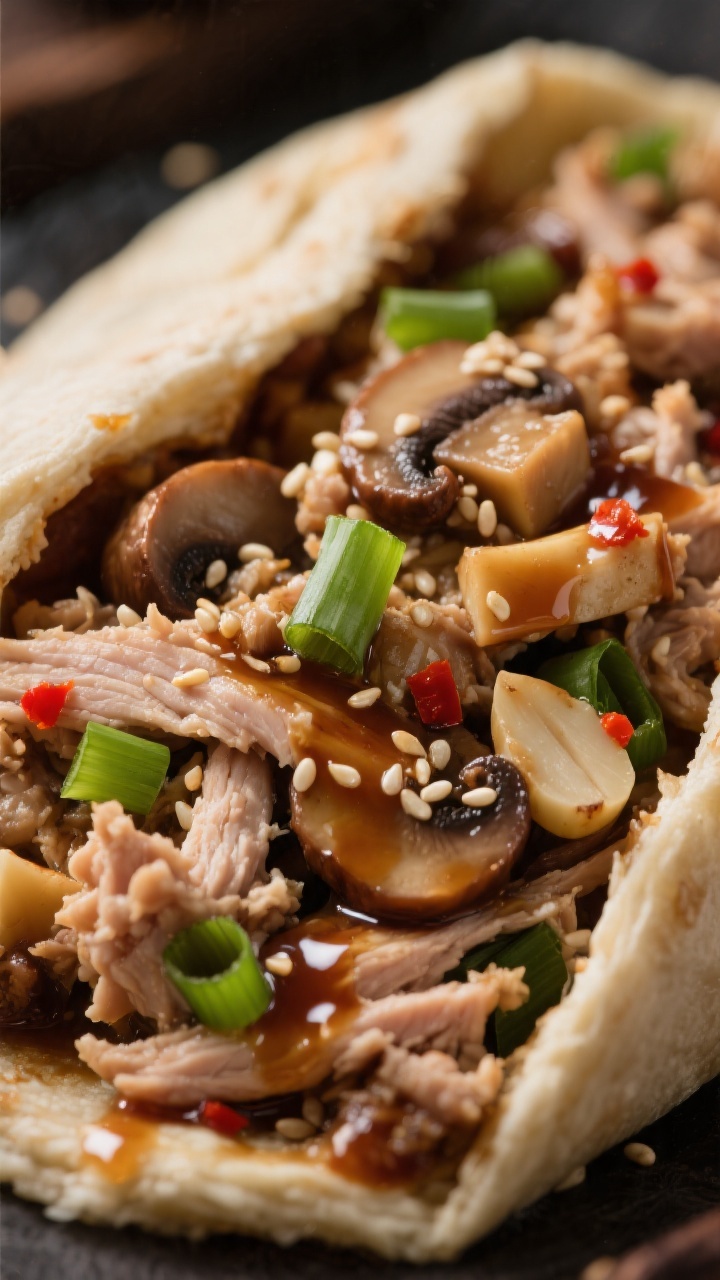 Sauced filling detail: Close-up of the cooked turkey mixture after “sauce it up” step—soy-hois