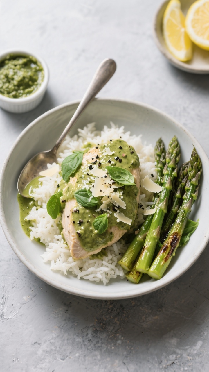 Tasty overhead bowl: Top-down shot of creamy pesto chicken spooned over fluffy white rice, sauce poo