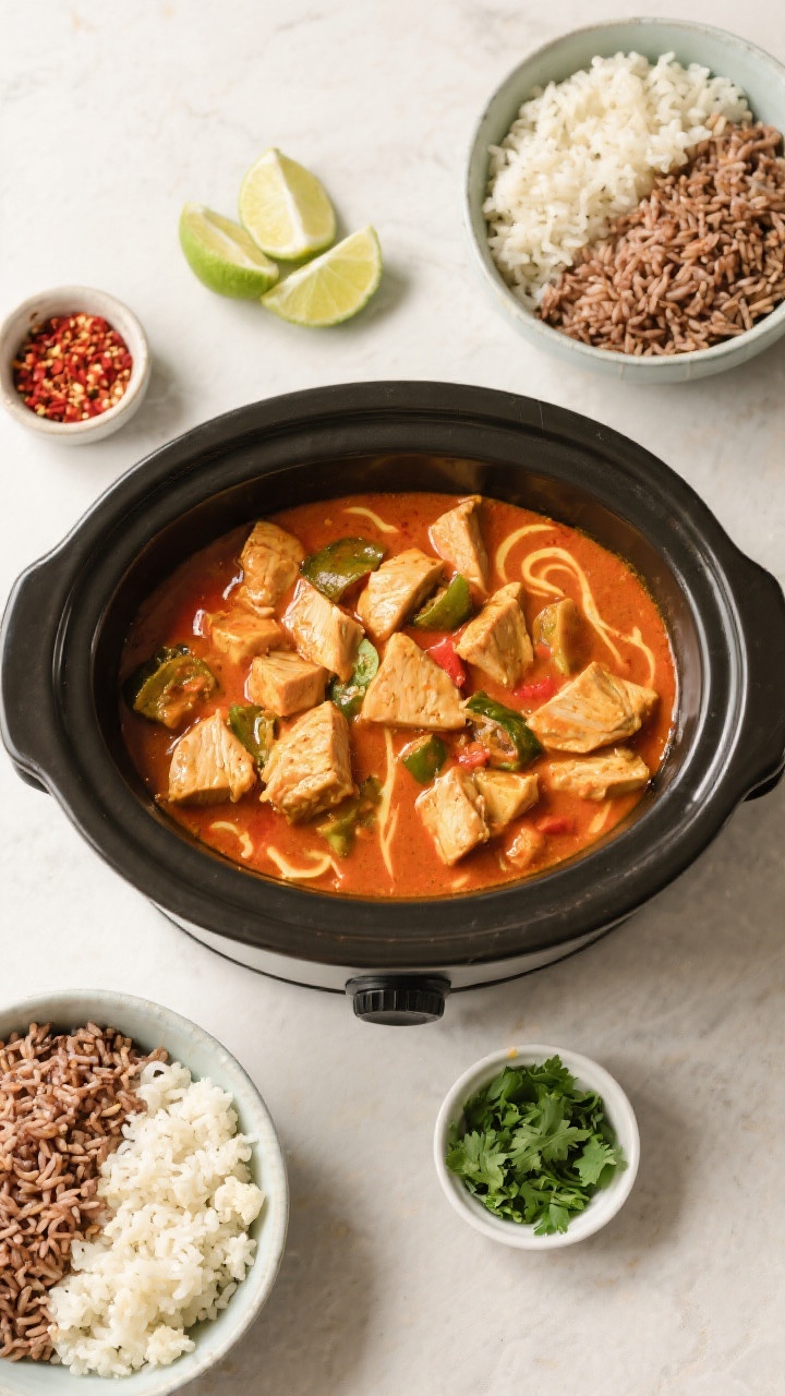Tasty overhead shot, meal-prep/serving vibe: Overhead of the finished coconut curry chicken arranged