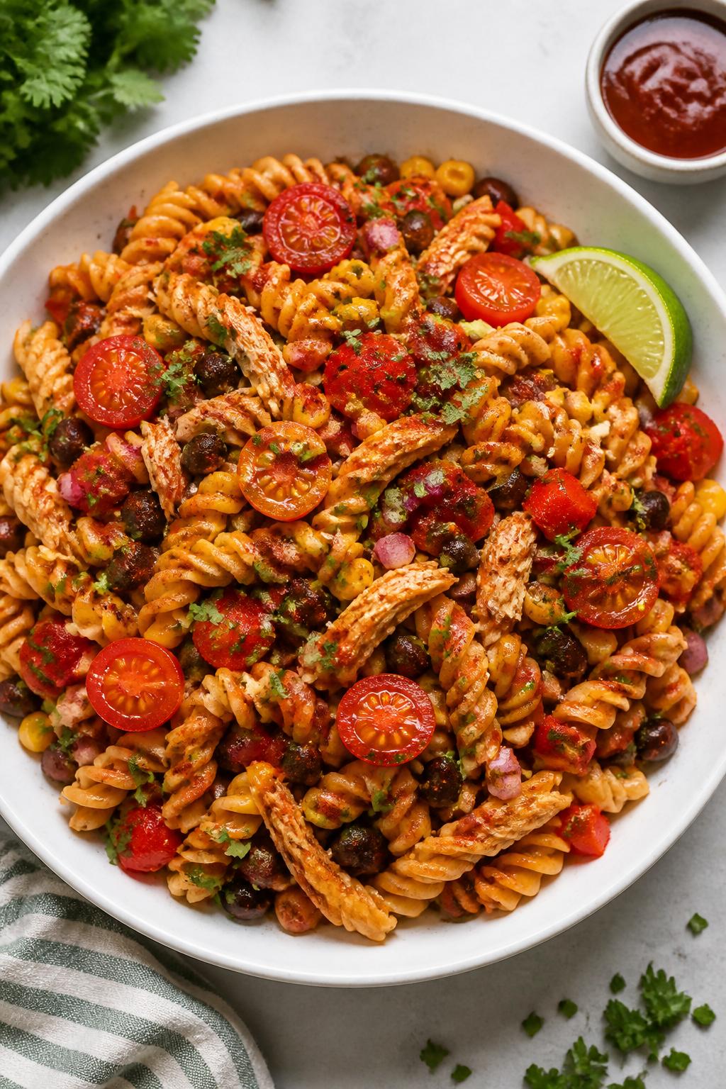 Tasty : Overhead shot of the finished High Protein Honey BBQ Pasta Salad in a wide, white shallow bo