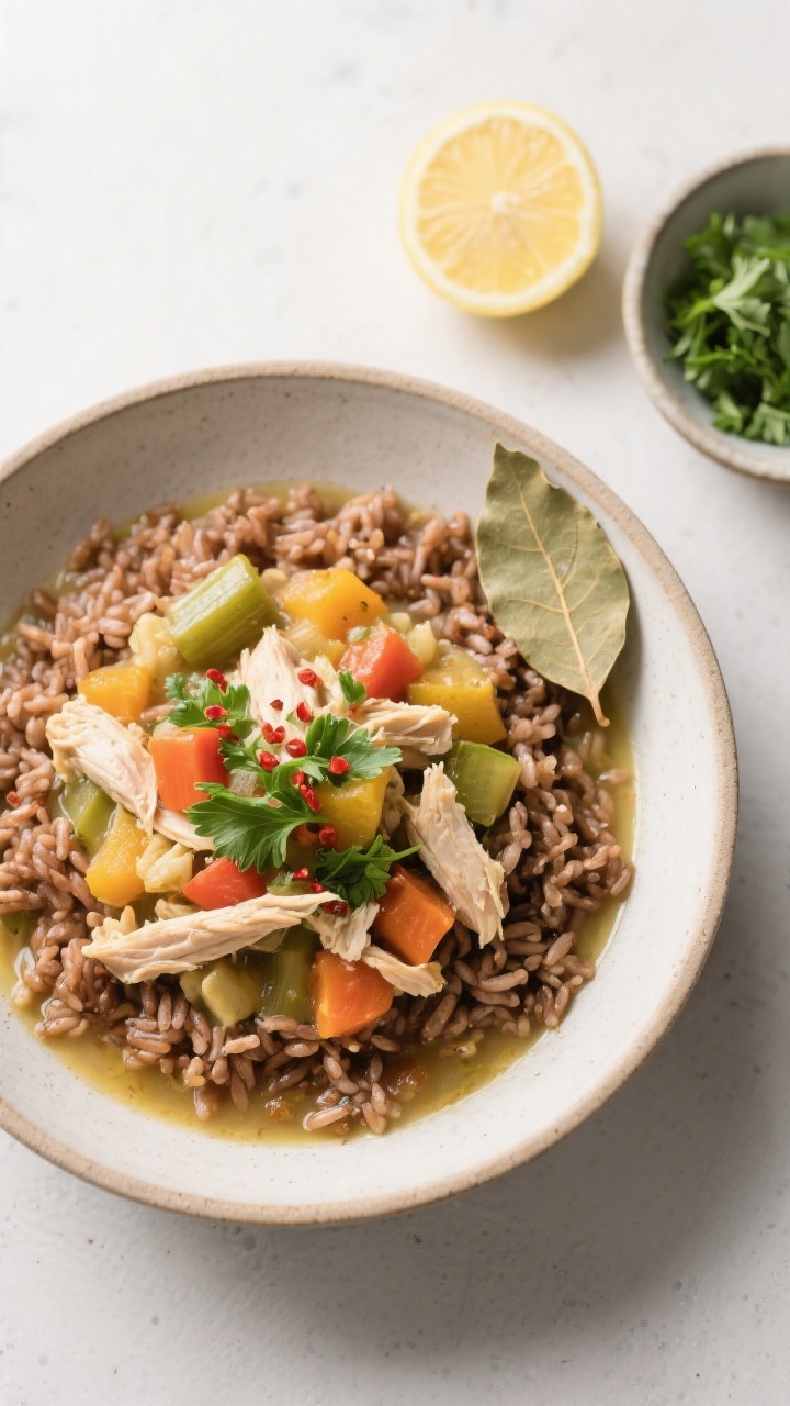 Tasty : Overhead shot of the finished stew ladled over warm brown rice in a shallow bowl, showcasing
