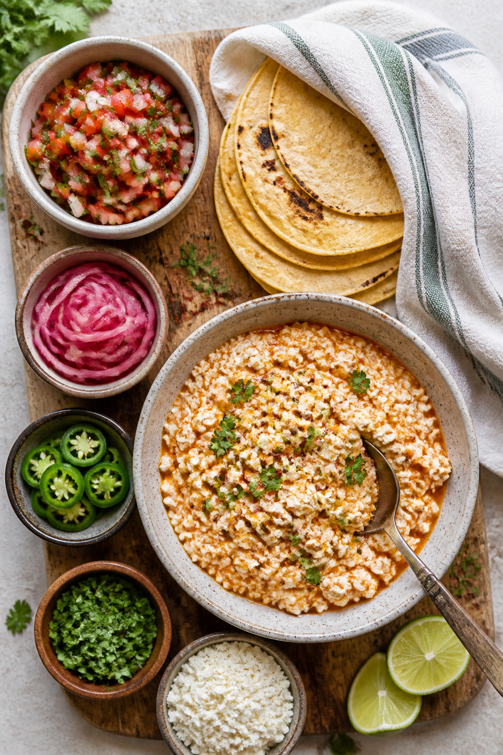 Tasty overhead spread: of a relaxed taco night board—stack of warmed corn tortillas wrapped in a t