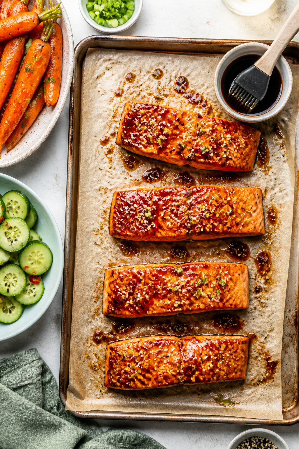 Tasty overhead top view: Four glazed salmon fillets on a parchment-lined sheet pan just after a quic