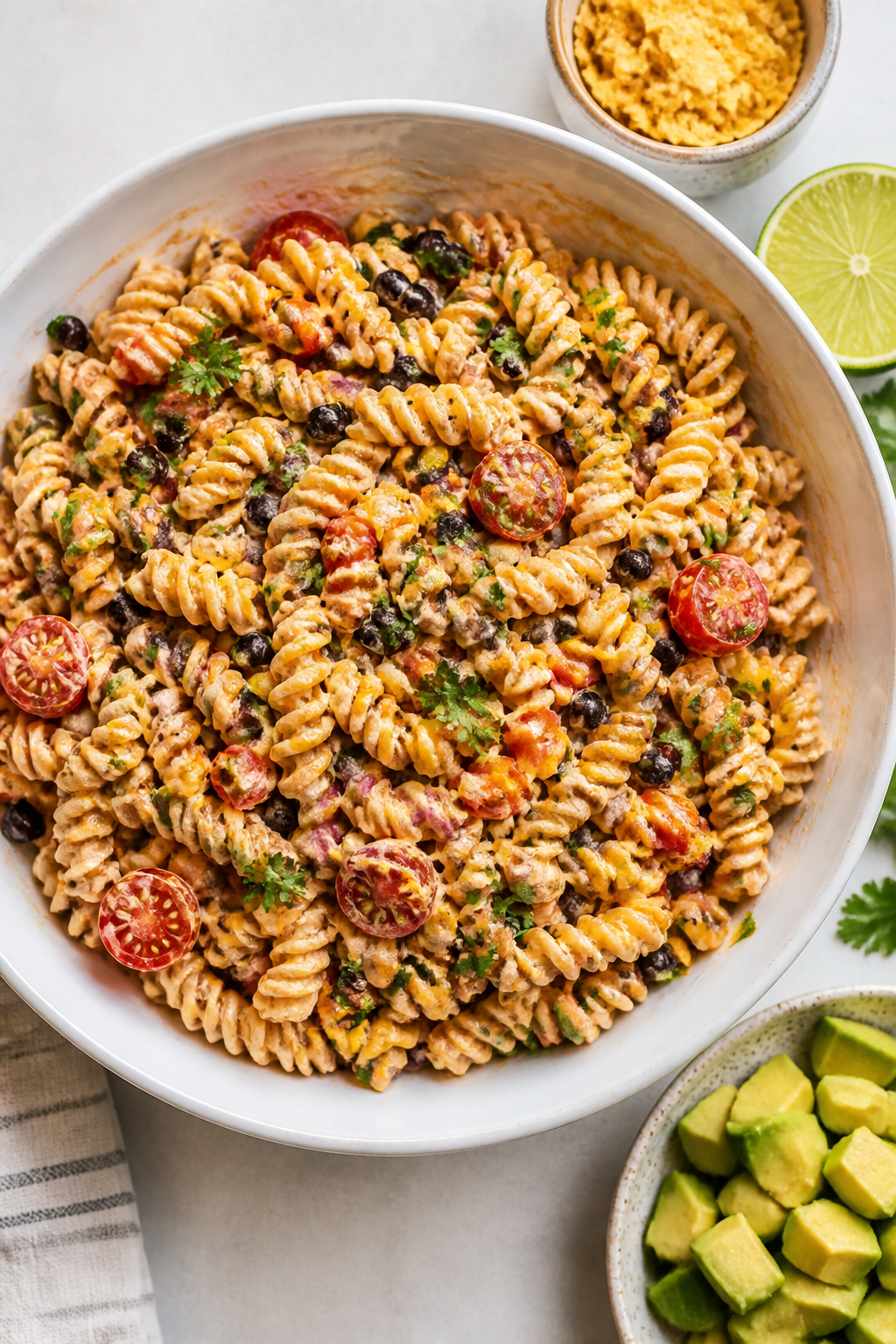 Tasty top-down assembly shot: Overhead view of the cooled pasta salad base just tossed with creamy G