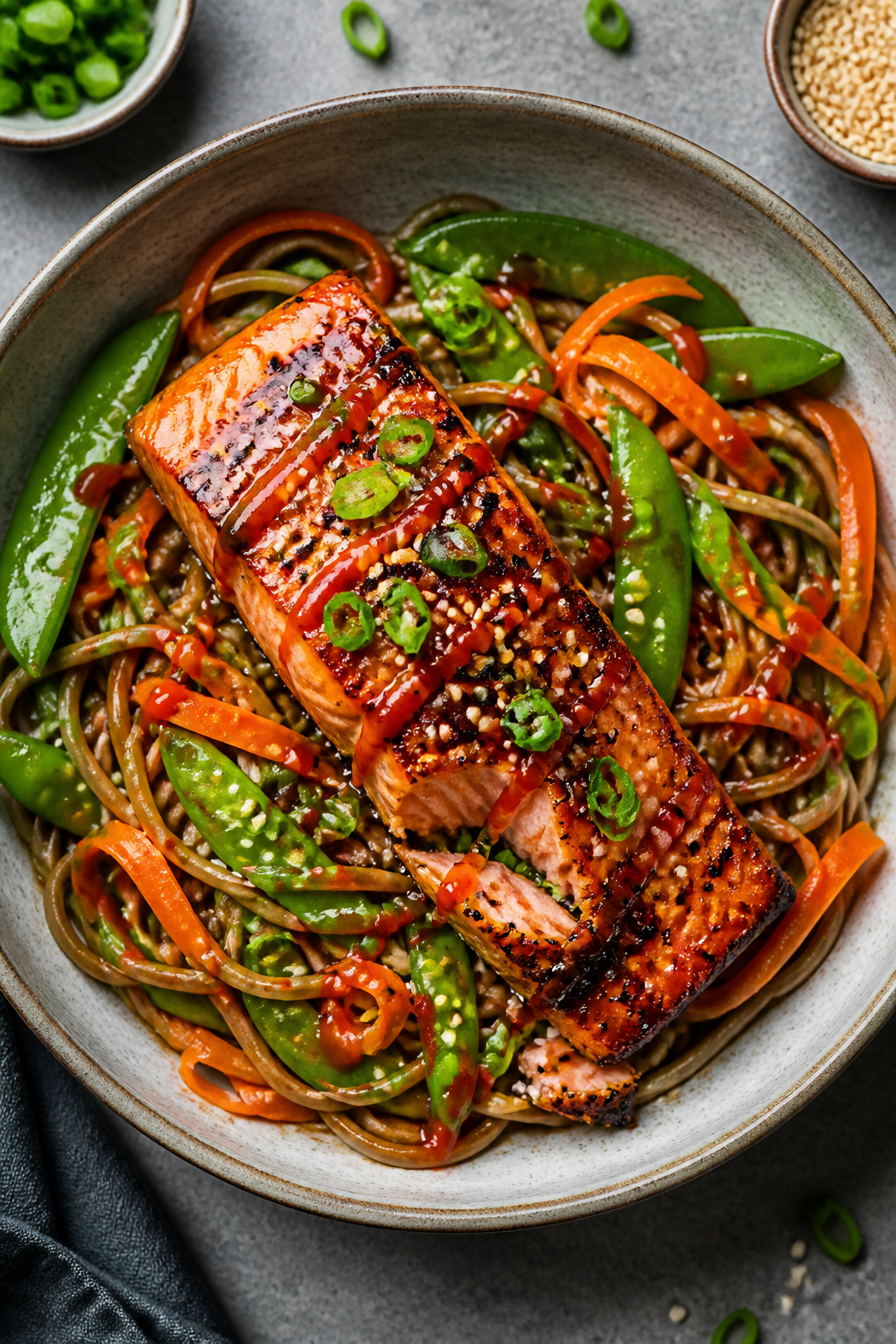 Tasty top-down bowl shot: Overhead shot of a noodle bowl topped with Sticky Asian Glazed Salmon, glo