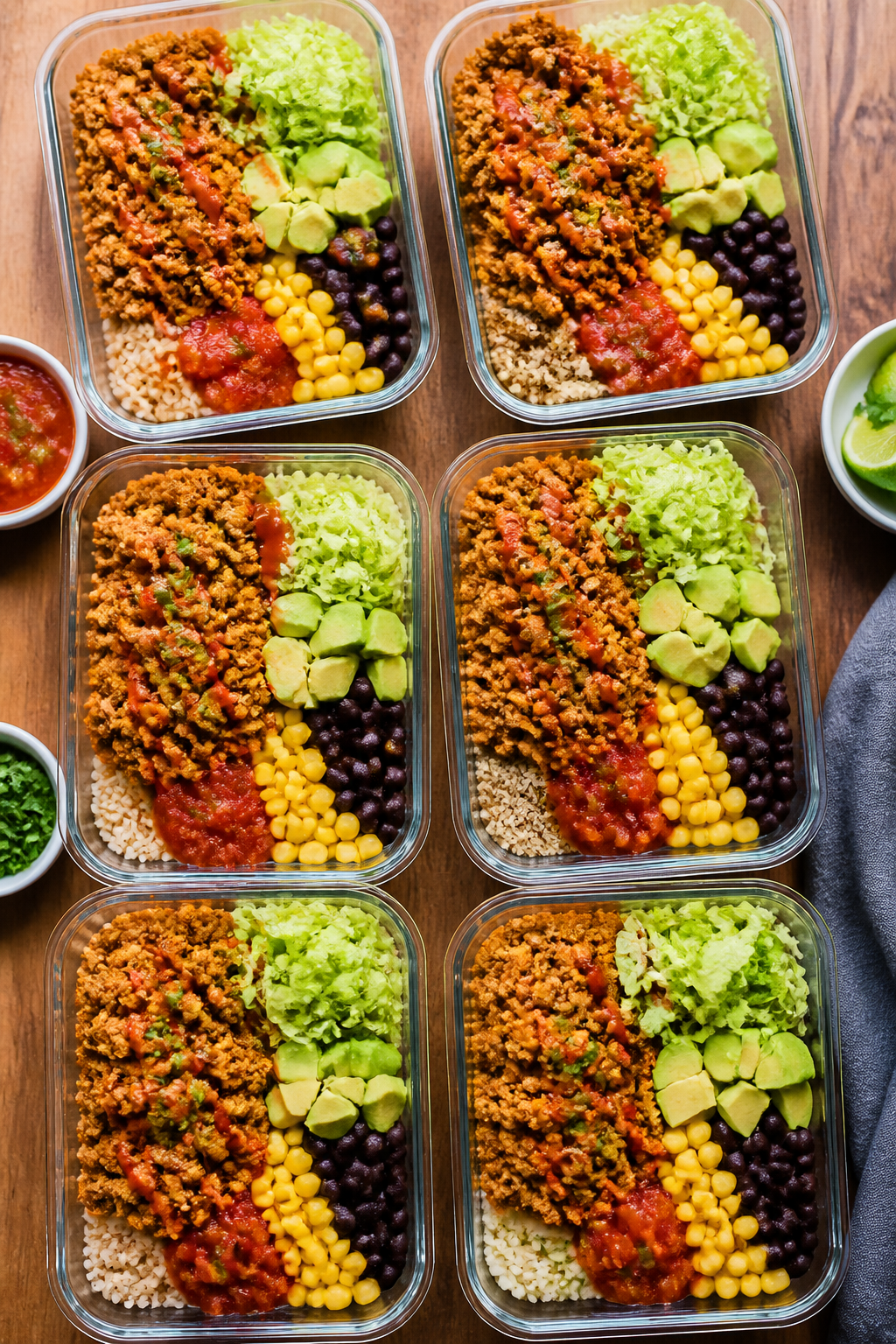Tasty top-down meal prep spread: Overhead shot of multiple assembled bowls with varied bases (one br