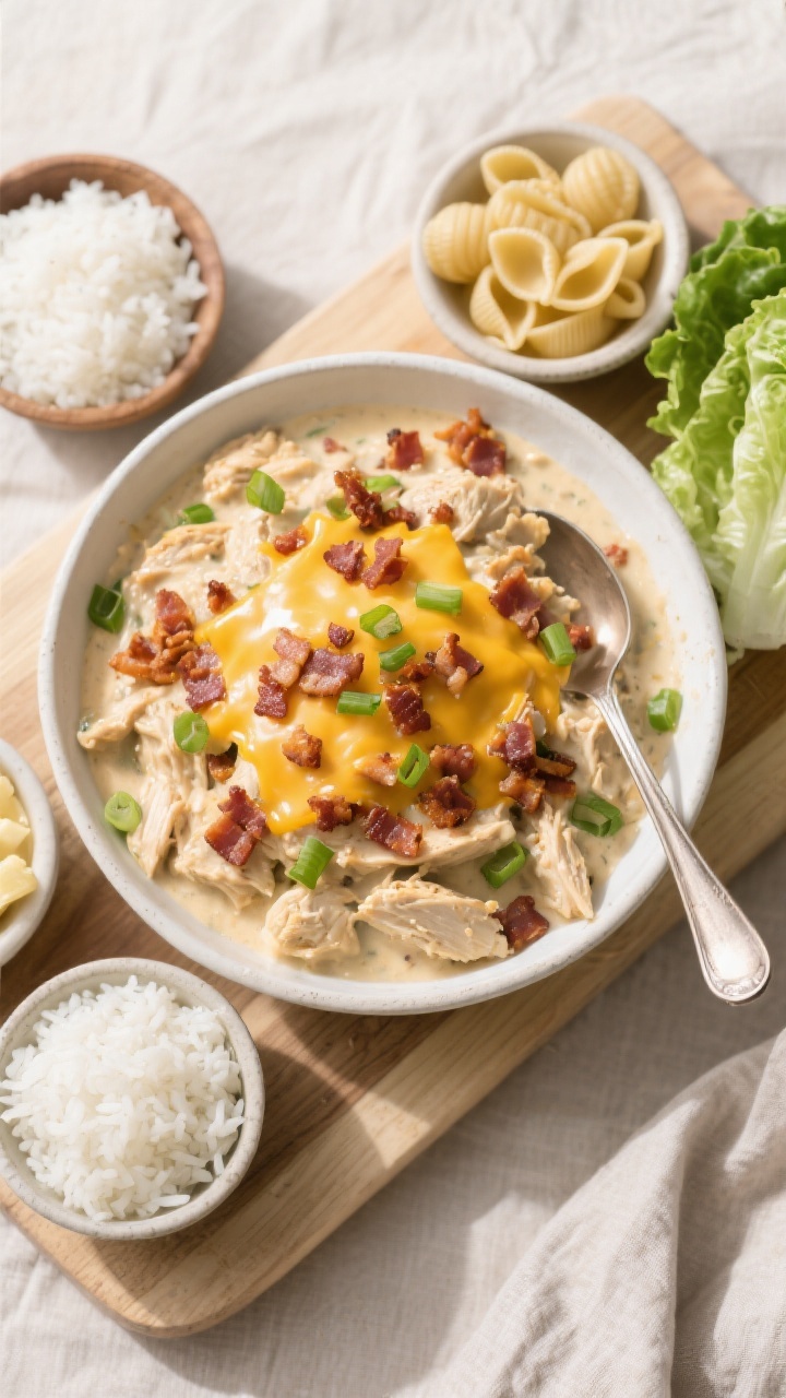 Tasty top-down serving board: Overhead shot of a family-style spread—bowl of ultra-creamy Crockpot