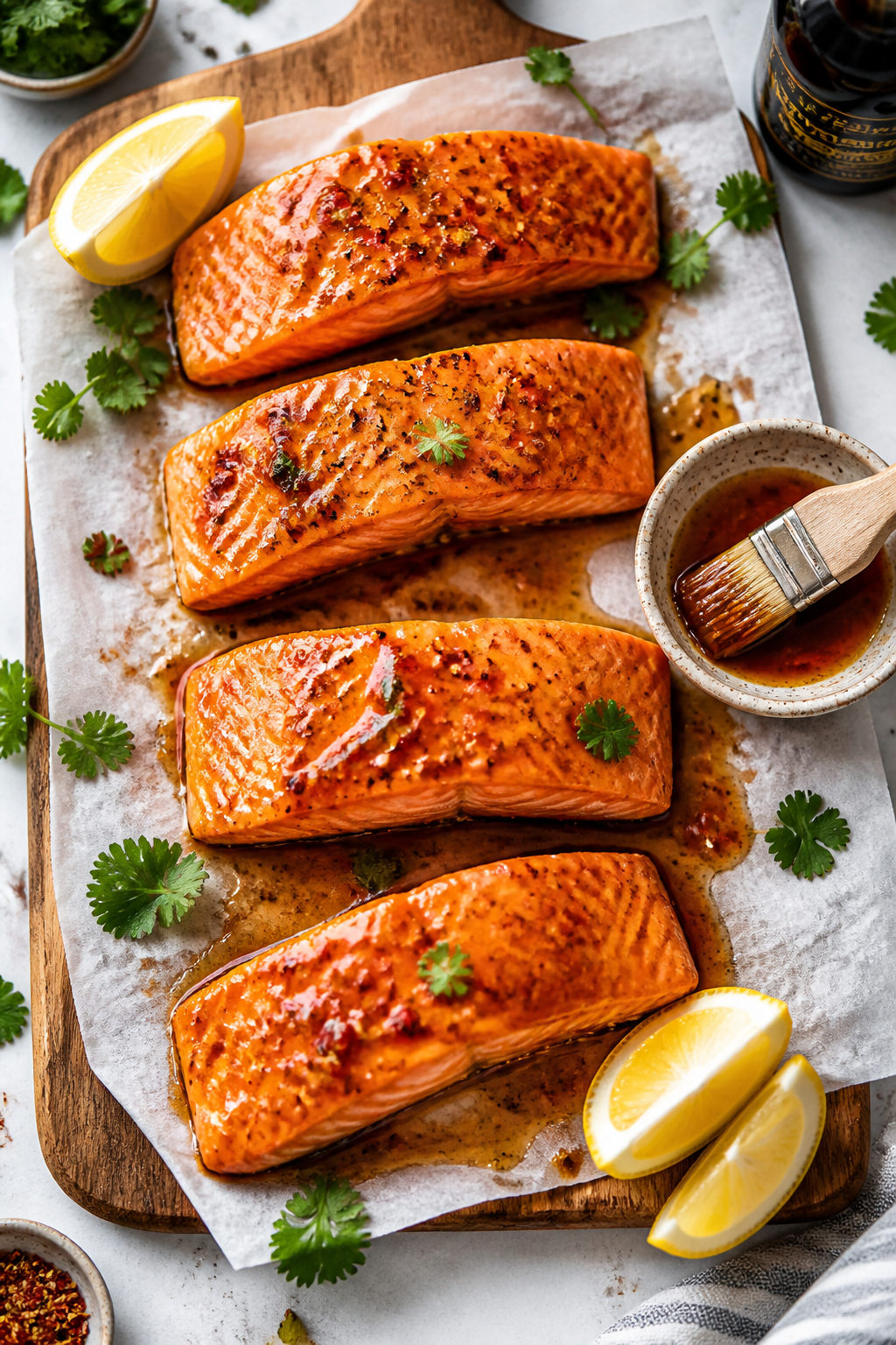 Tasty top-down serving board: Overhead shot of hot honey glazed salmon fillets on a parchment-lined