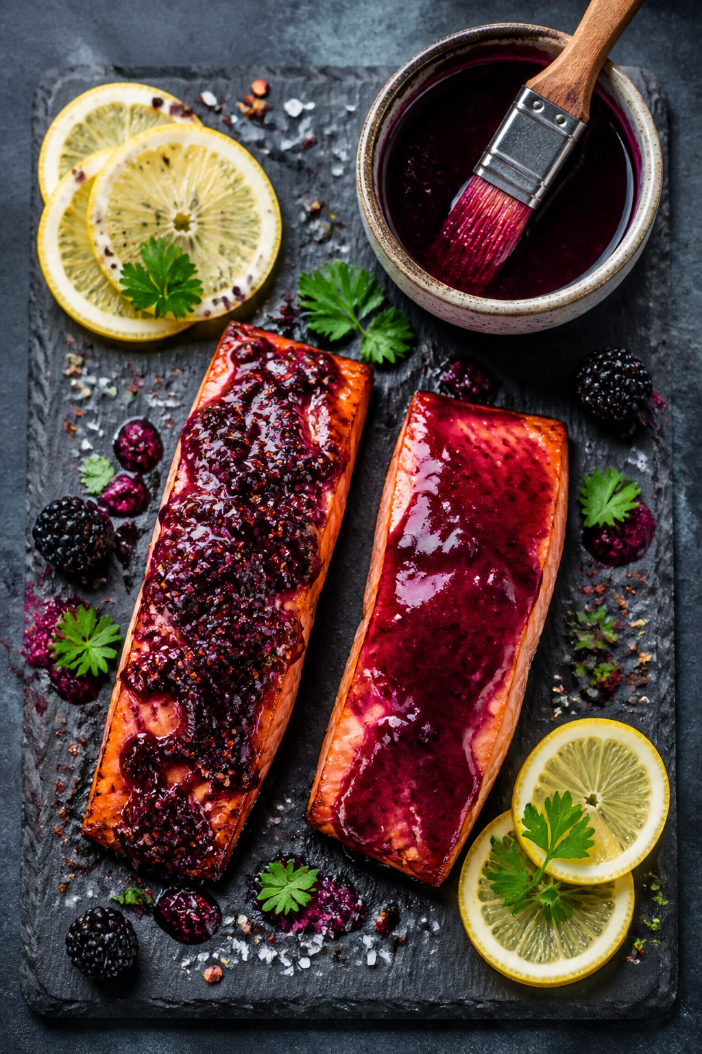 Tasty top-down serving scene: Overhead shot of two glazed salmon fillets on a dark slate board, extr