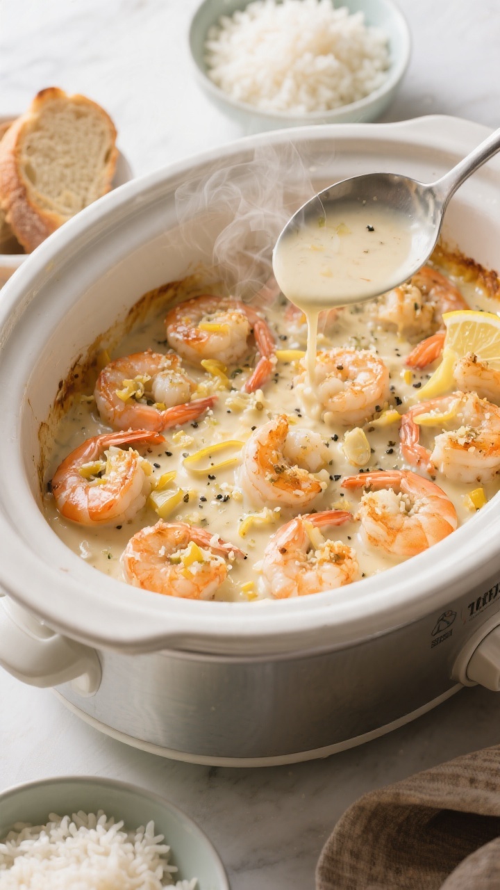 Tasty top view and process moment: Overhead shot of cooked Garlic Parmesan Shrimp nestled in the slo