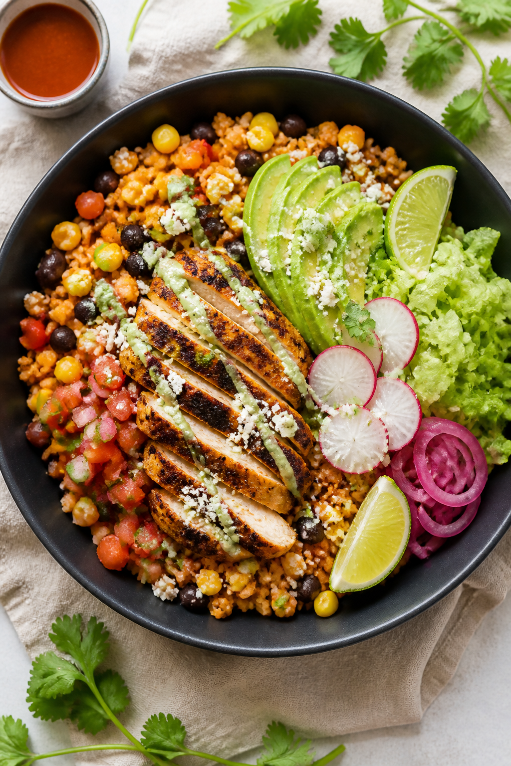 Tasty top view, assembled bowl: Overhead shot of a Mexican Cauliflower Rice Bowl in a matte charcoal