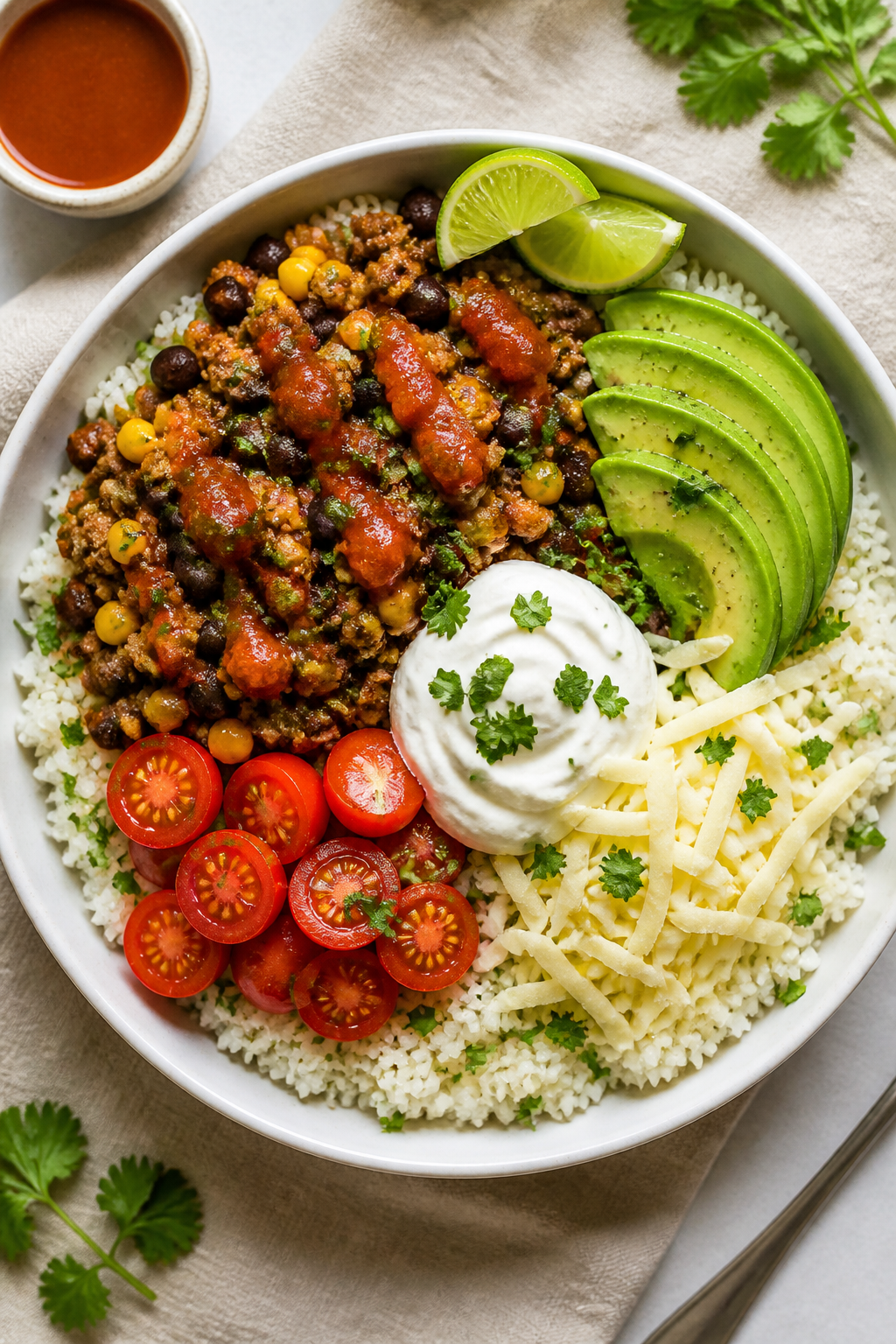 Tasty top view — Assembled Mexican Ground Turkey Bowl: Overhead shot of a vibrant bowl with a base
