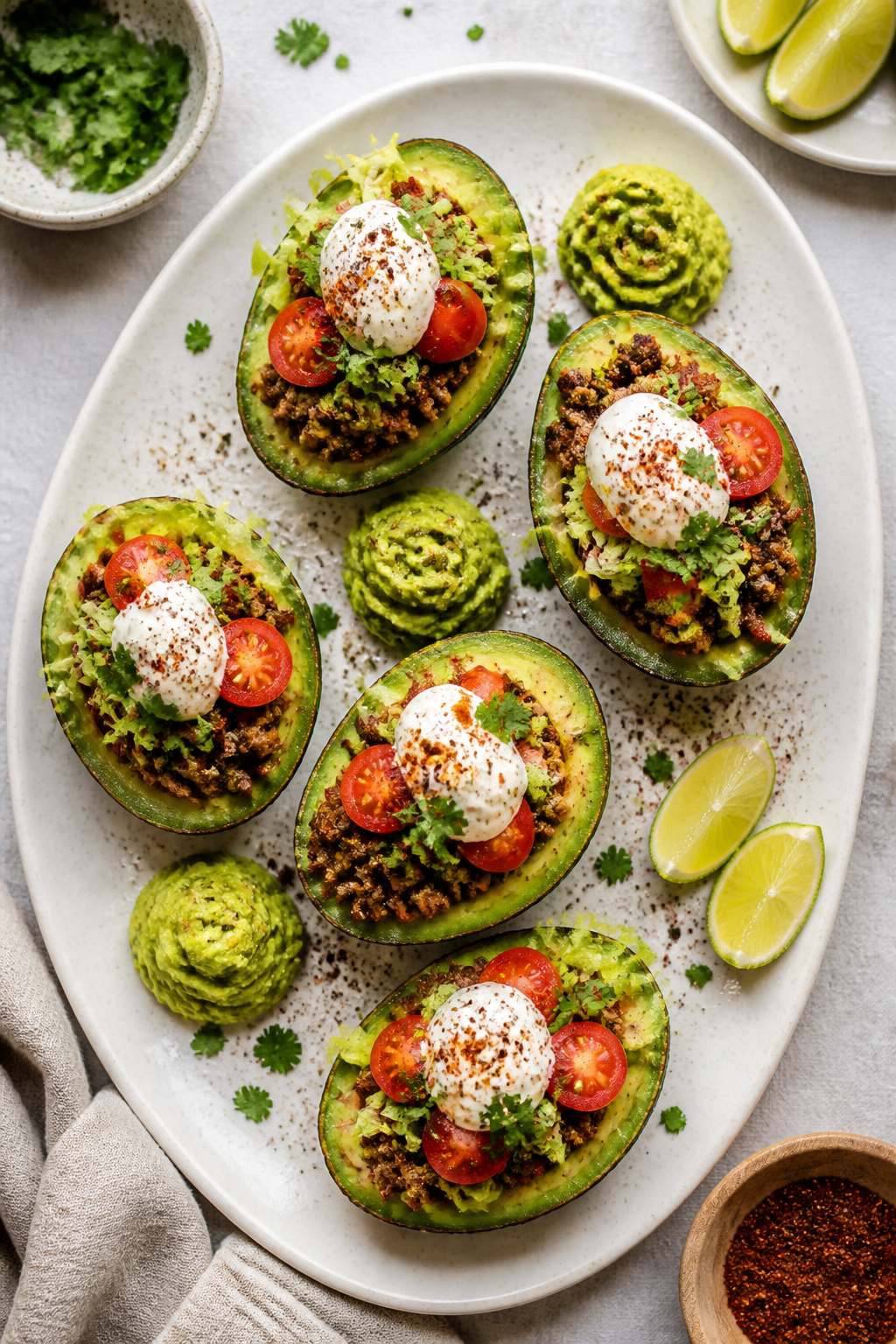 Tasty top view – assembly moment: Overhead shot of avocado halves on a white ceramic platter being