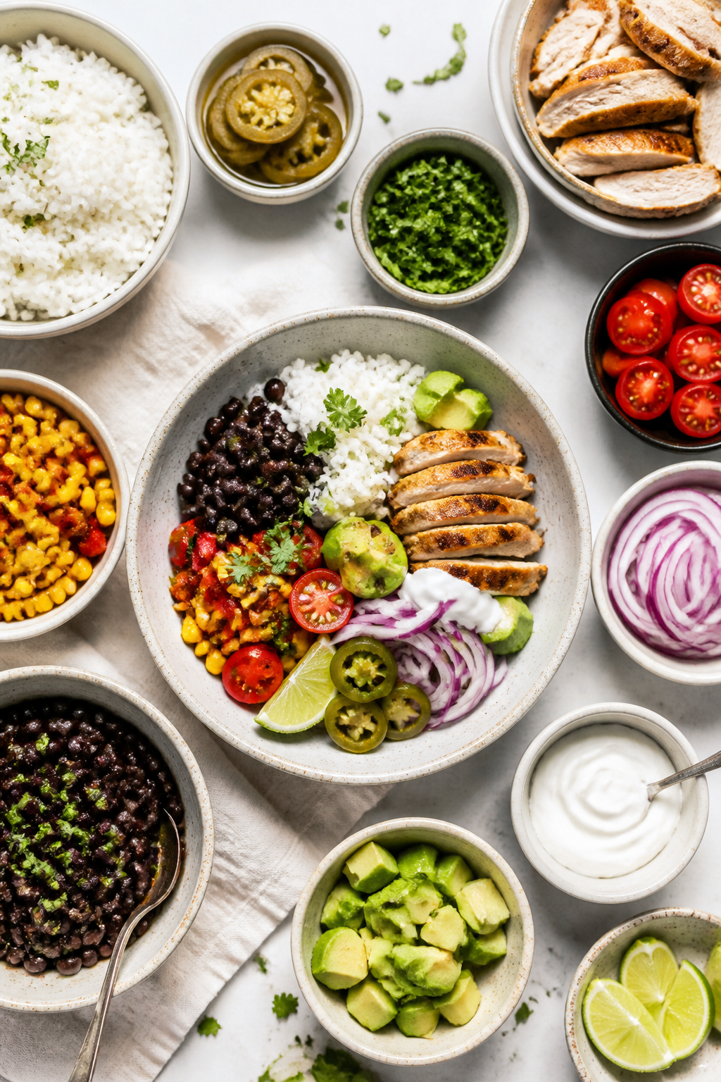 Tasty top view assembly: Overhead shot of a build-your-own burrito bowl spread with separate prepare