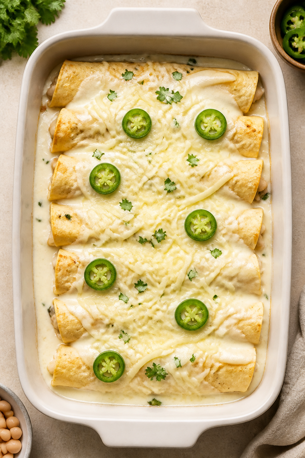 Tasty top view, assembly stage: Overhead shot of rolled enchiladas nestled seam-side down in a 9x13 