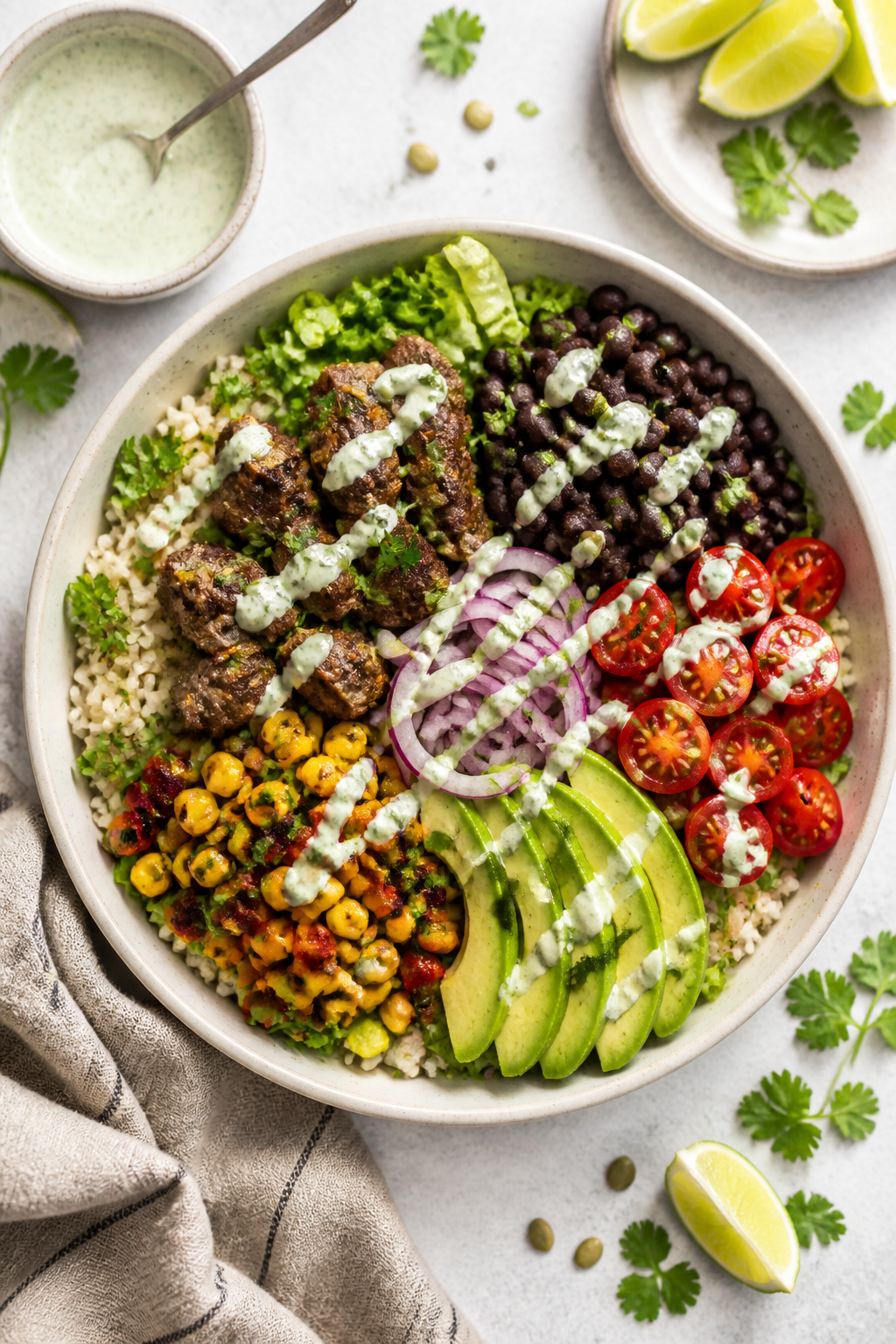 Tasty top view – build-your-own bowl moment: Overhead shot of a Healthy Southwest Beef Bowl mid-as