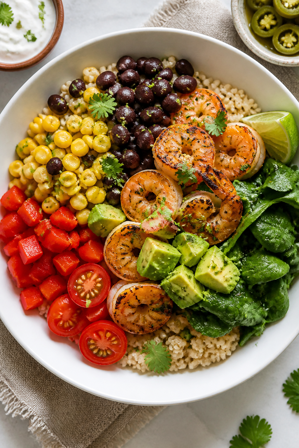 Tasty top view — Build-your-own rice bowl spread: Overhead shot of a composed Mexican shrimp rice 