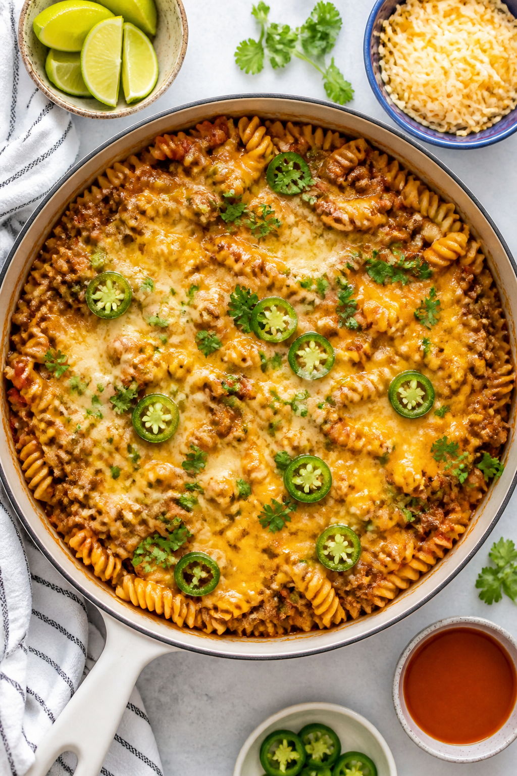 Tasty top view, family-style serving: Overhead shot of a one-pan taco pasta just off the heat, chees