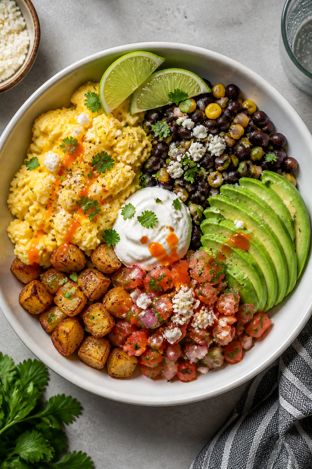 Tasty top view final bowl: Overhead shot of a High Protein Mexican Breakfast Bowl layered with a bas