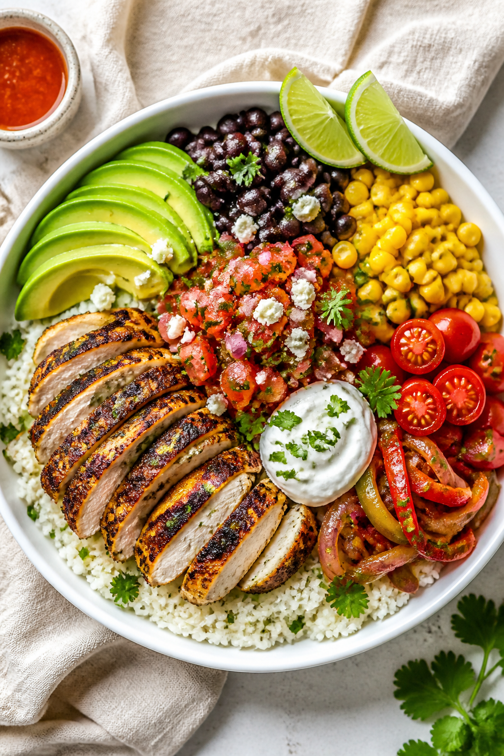 Tasty top view final bowl: Overhead shot of Healthy Salsa Lime Chicken Rice Bowl—fluffy cilantro-l