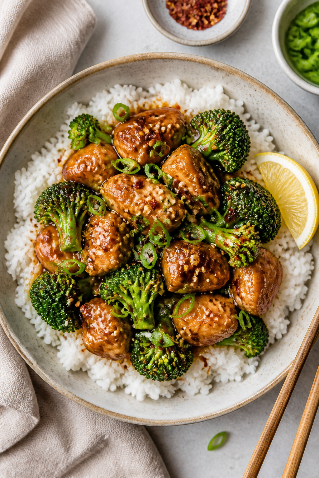 Tasty top view final dish: Overhead shot of Air Fryer Chicken & Broccoli served over fluffy white ri