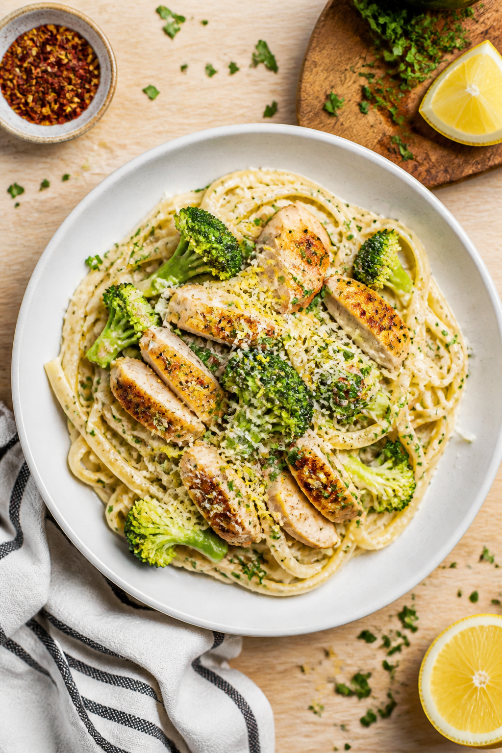 Tasty top view, final dish: Overhead shot of Healthy Chicken Broccoli Alfredo plated in a wide, shal
